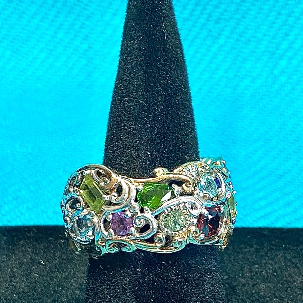 Multi-Gemstone Sterling Silver Swirl Ring, Sz 7